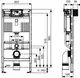 TECE WC-Modul mit Spülkasten, seitliche und frontale Ansicht mit Maßangaben. Struktur mit Anschlüssen und rohrförmigen Elementen zur Installation in einem Badezimmer.
